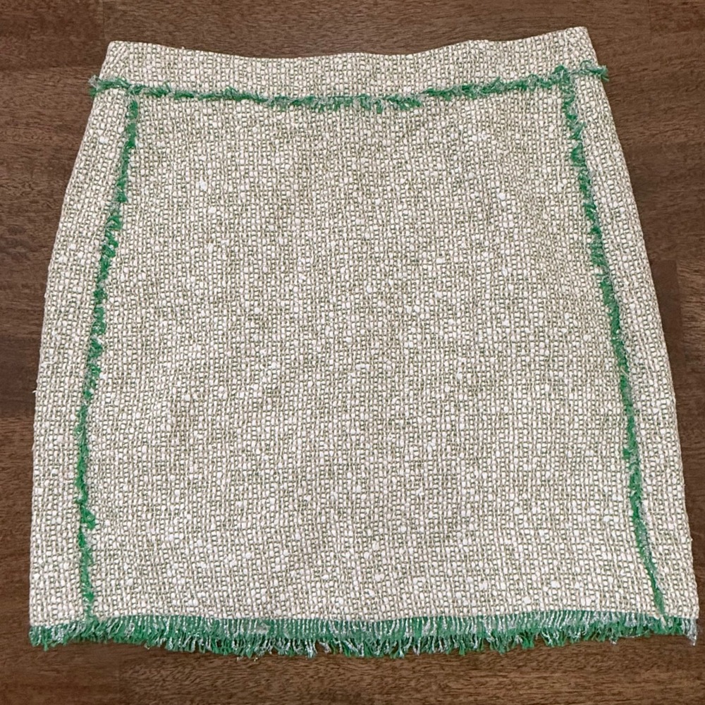 J.Crew Green Ivory Tweed Wool Fringe Trim Mini Skirt Size 0 A-Line Lined Preppy